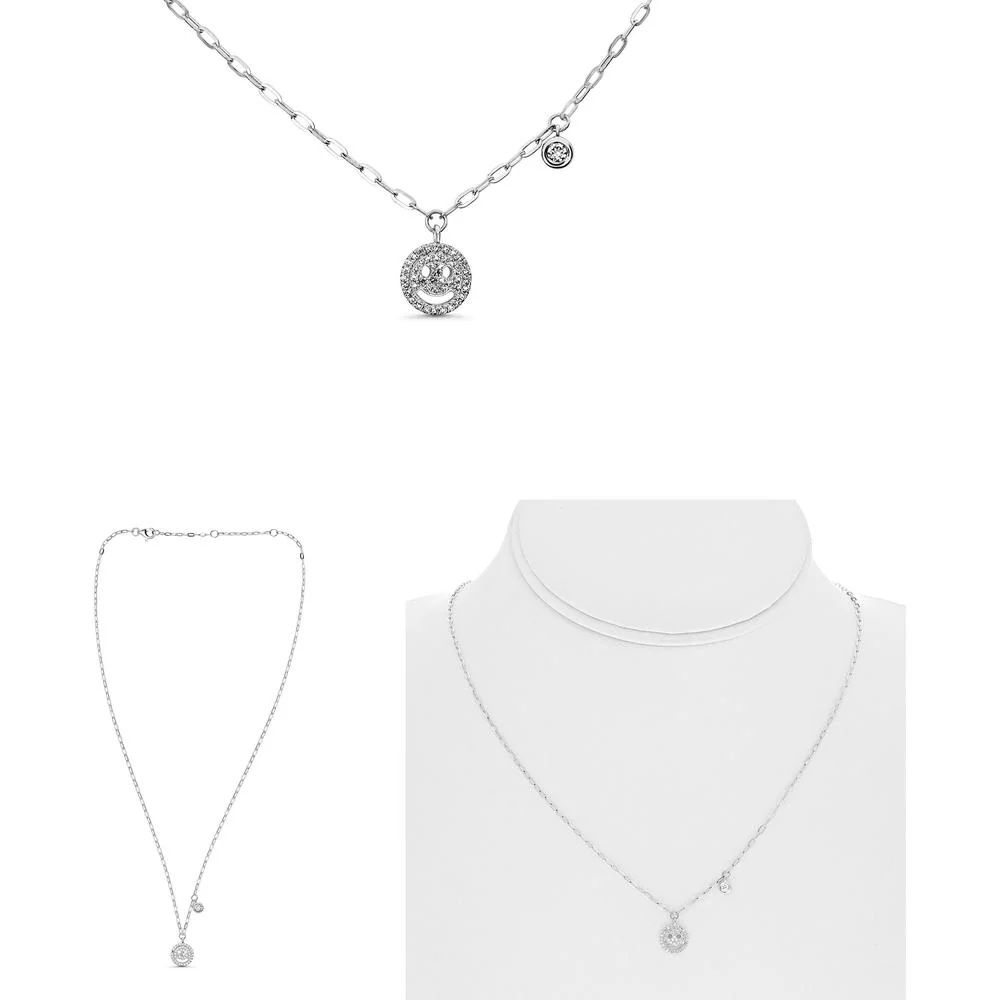 Roman & Jules - 14K White Gold Smiley Face Pendant Necklace with 0.15 Carat Round Diamonds