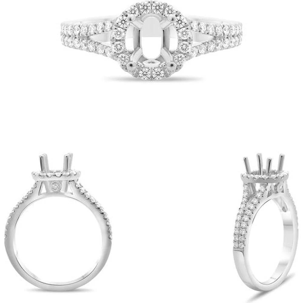 Roman & Jules - 14K White Gold Split Shank Engagement Ring with Halo Round Diamond Center - 0.58 Carat Total Diamond Weight