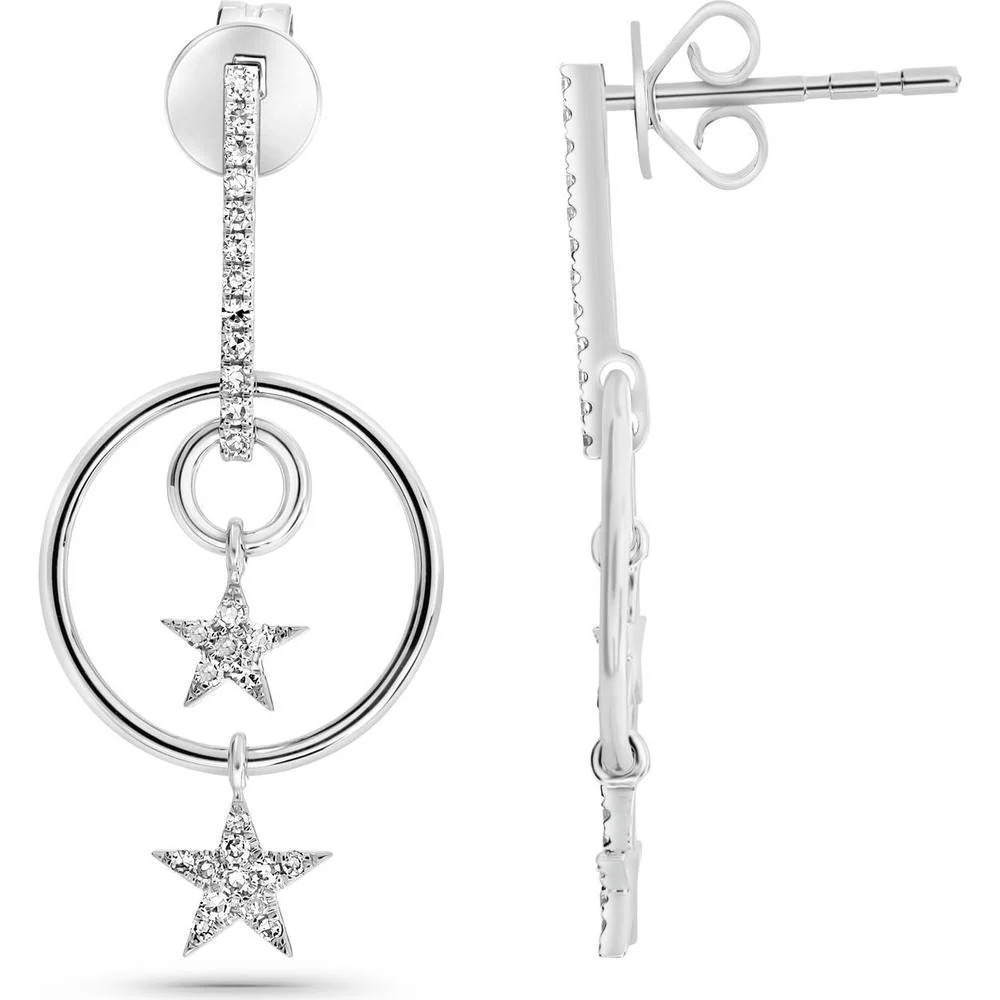 Roman & Jules - 14K White Gold Star and Circle Drop Earrings with Round Diamonds - 0.17 Carat Total Diamond Weight