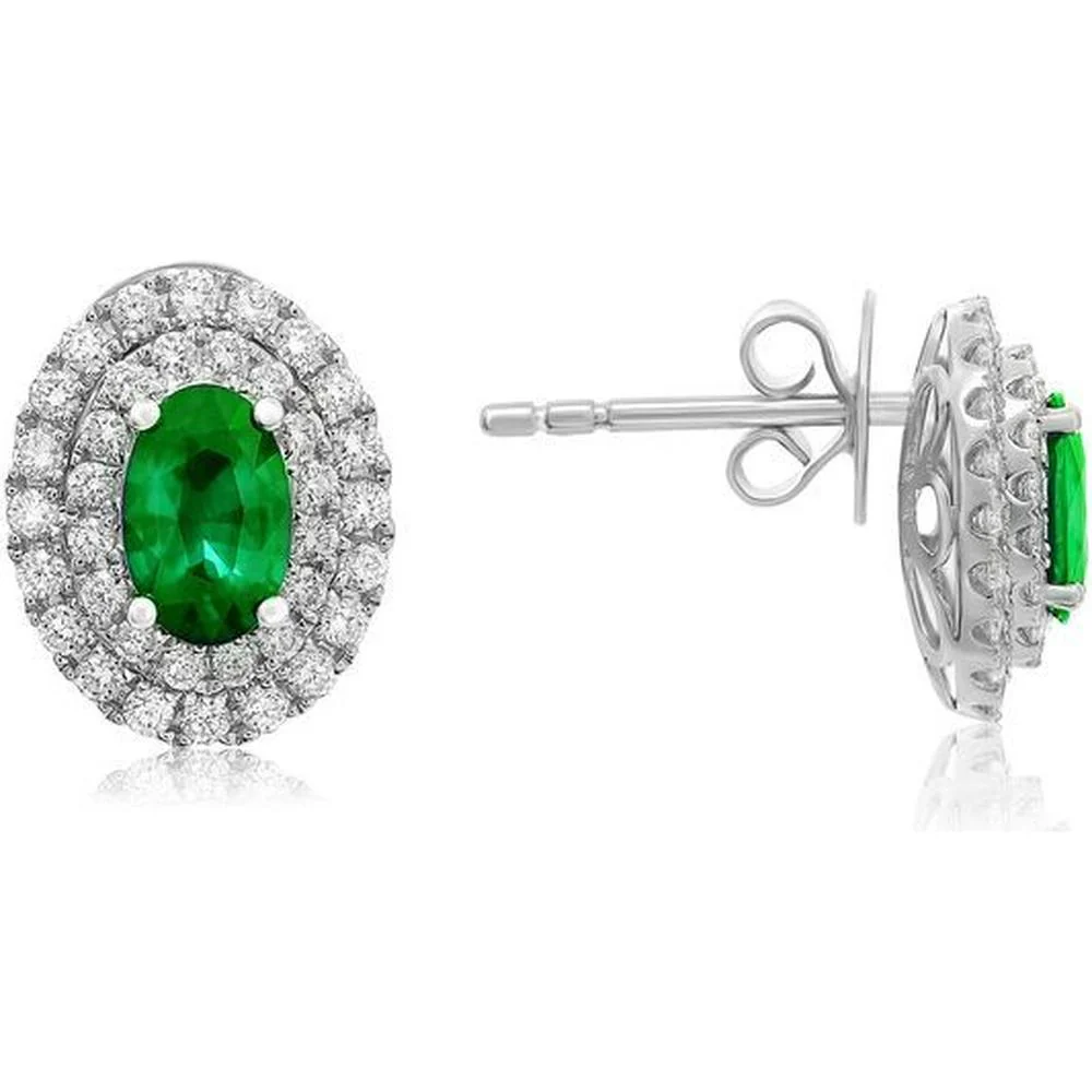 Roman & Jules - 14K White Gold Stud Earrings with Oval Emerald and Diamond Halo - 0.76 Carat Total Gem Weight