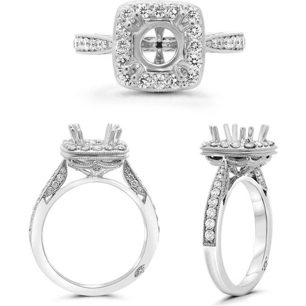 Roman & Jules - 14K White Gold Tapered Shank Engagement Setting with Halo Round Diamond - 0.75 Carat Total Diamond Weight