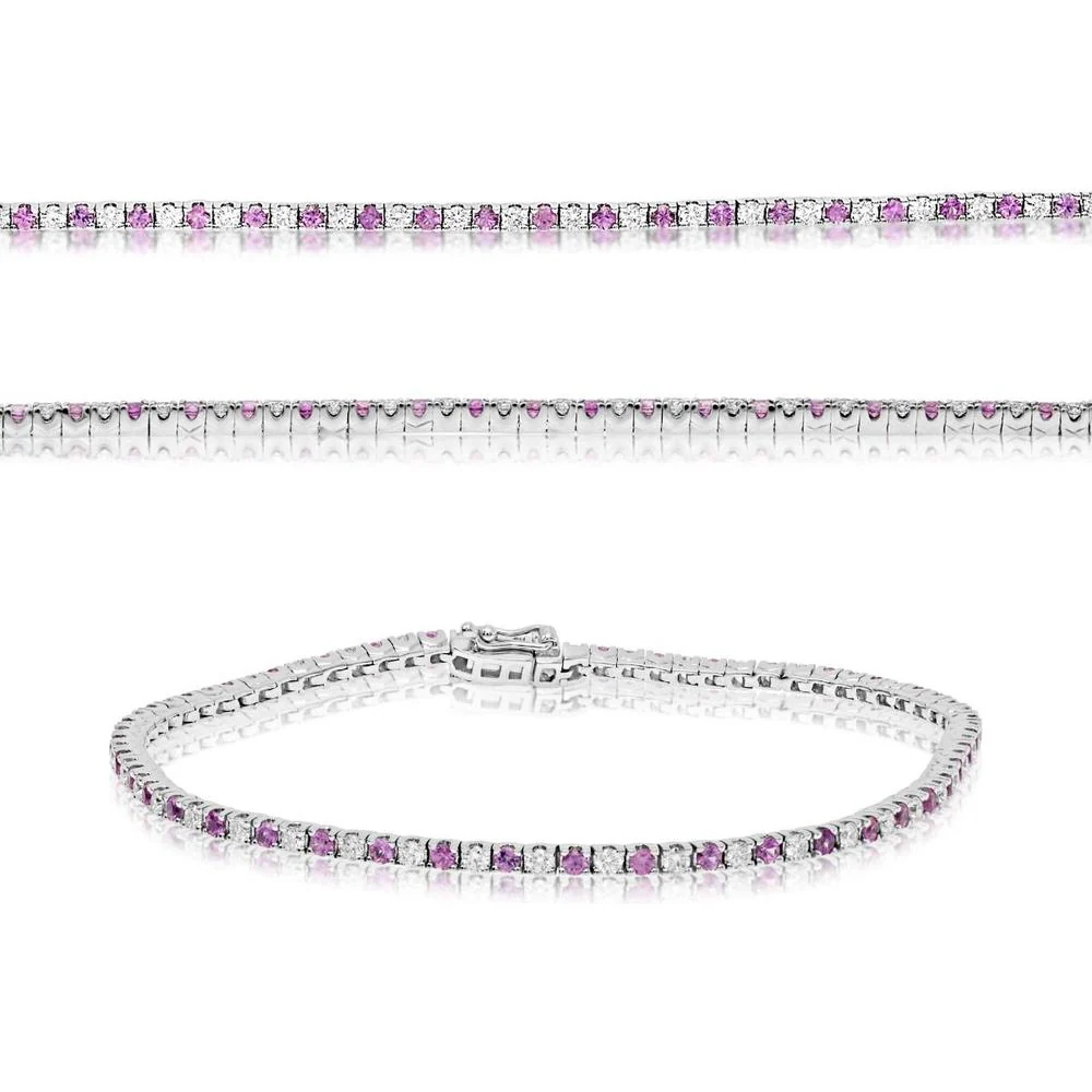 Roman & Jules - 14K White Gold Tennis Bracelet with 1.00 Carat Round Diamonds and Pink Sapphires