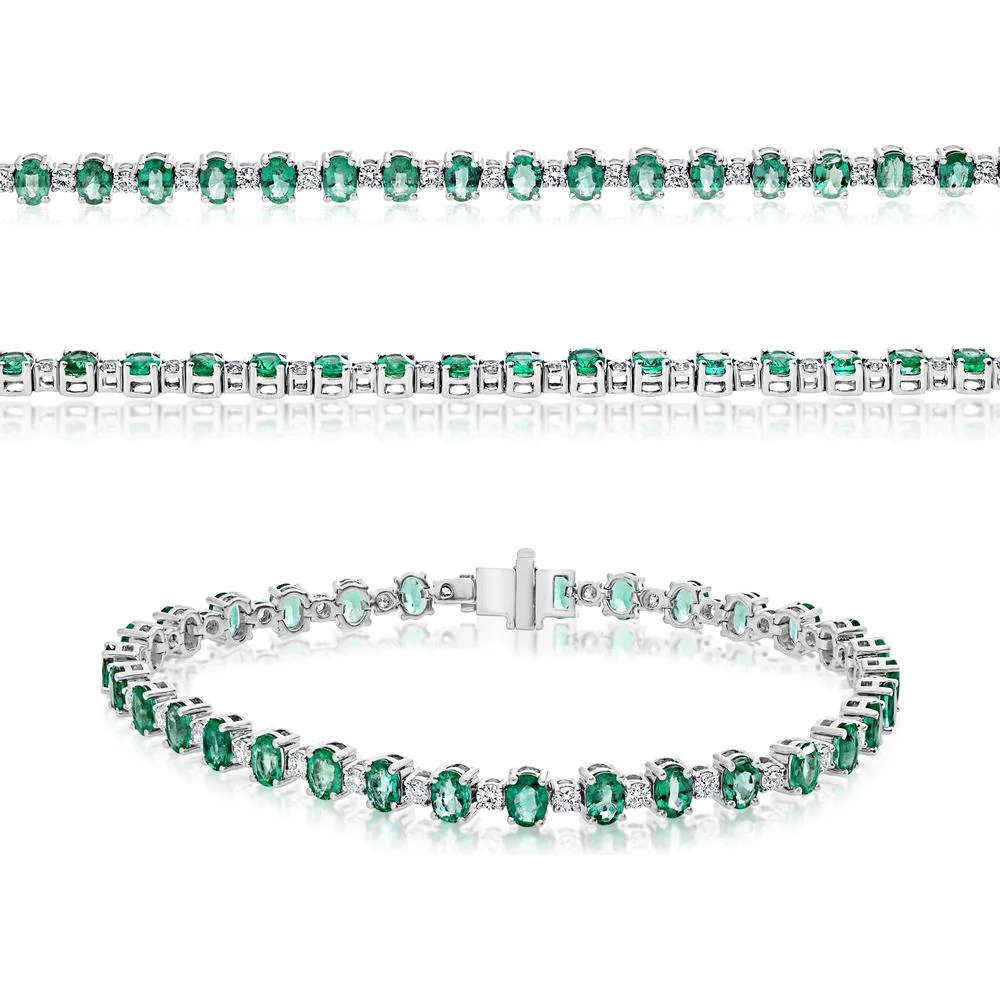 Roman & Jules - 14K White Gold Tennis Bracelet with Oval Emeralds and Round Diamonds - 5.00 Carat Total Emerald Weight