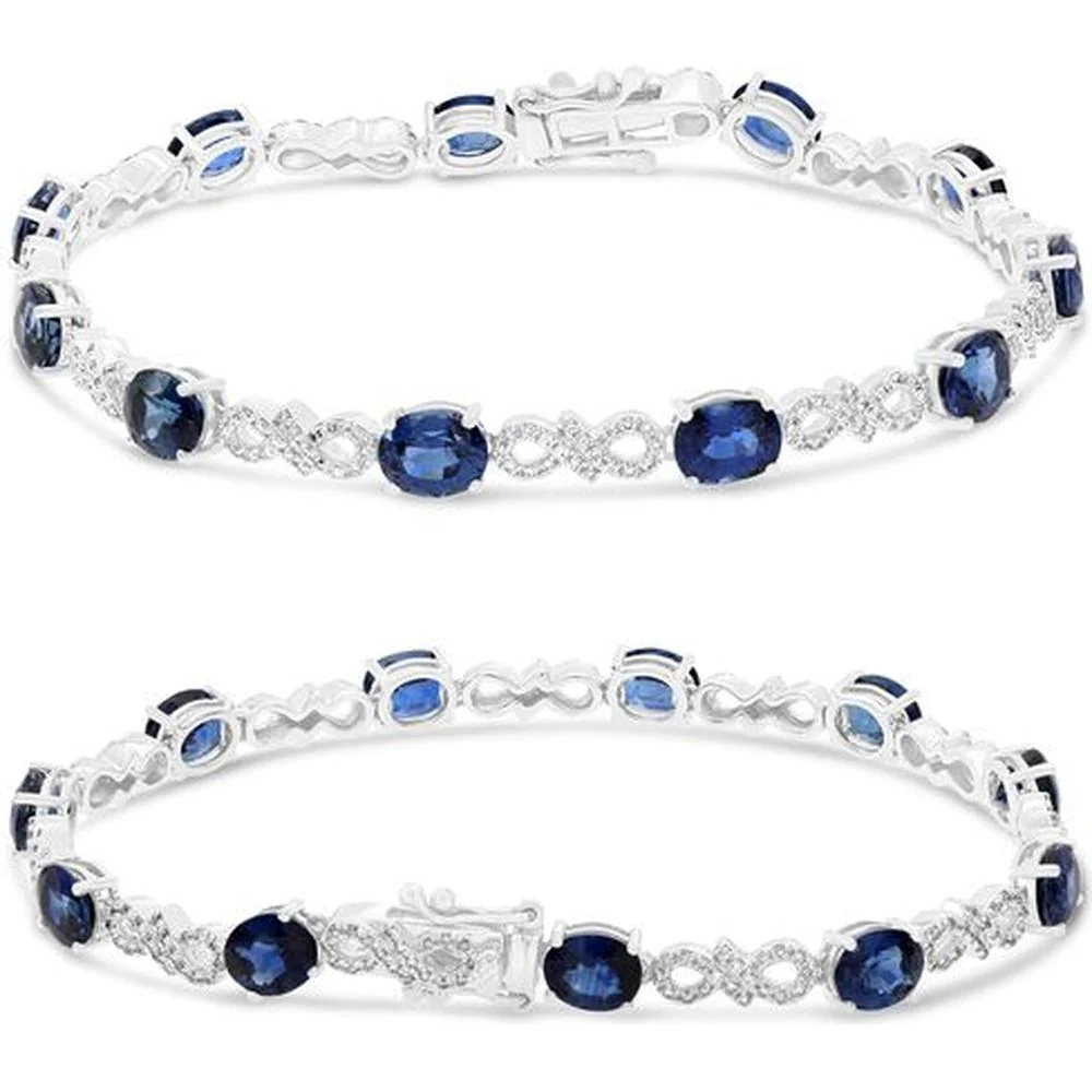 Roman & Jules - 14K White Gold Tennis Bracelet with Oval Sapphire and Round Diamond Accents - 6.00 Carat Total Sapphire Weight