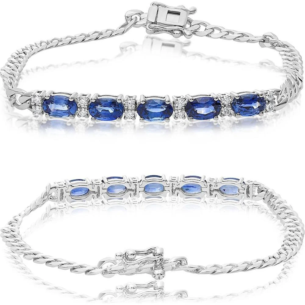 Roman & Jules - 14K White Gold Tennis Bracelet with Oval Sapphires and Round Diamonds - 2.00 Carat Total Sapphire Weight