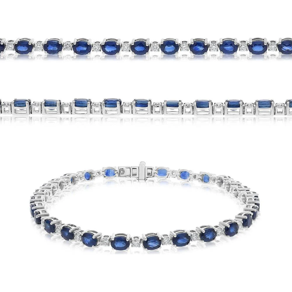 Roman & Jules - 14K White Gold Tennis Bracelet with Oval Sapphires and Round Diamonds - 7.10 Carat Total Gem Weight