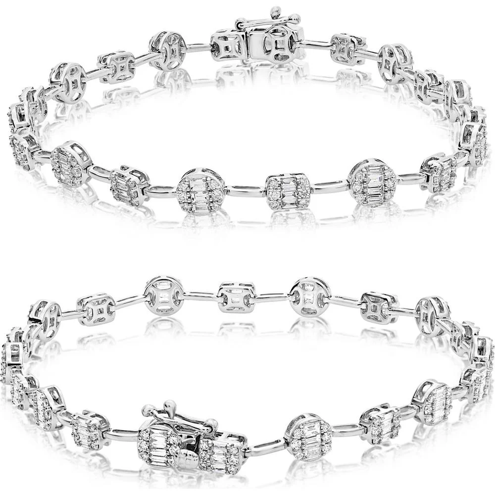 Roman & Jules - 14K White Gold Tennis Bracelet with Round and Baguette Diamonds - 1.75 Carat Total Diamond Weight