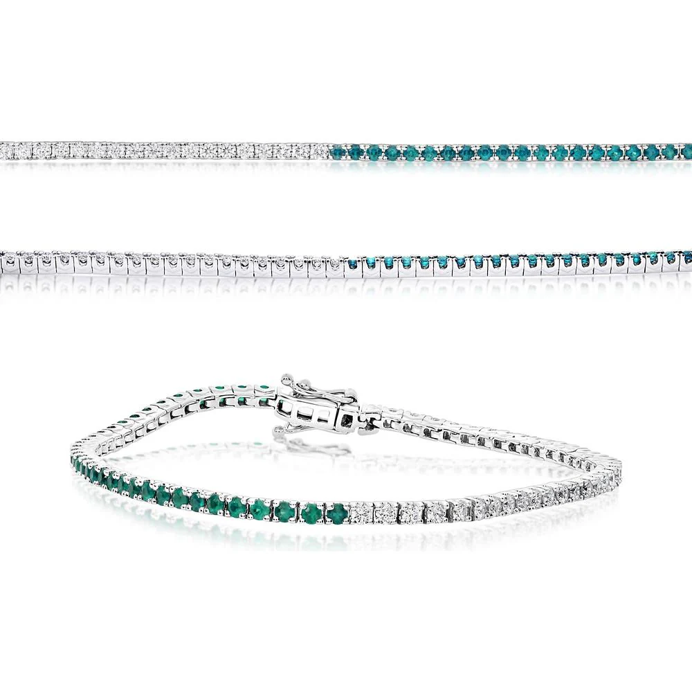 Roman & Jules - 14K White Gold Tennis Bracelet with Round Diamonds and Emeralds - 2.00 Carat Total Diamond Weight