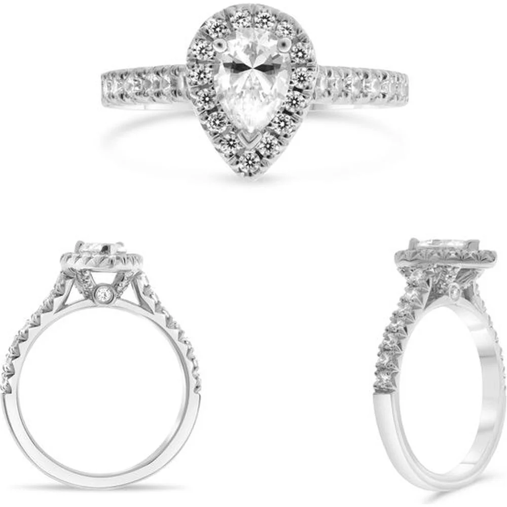 Roman & Jules - 14K White Gold Three Prong Halo Engagement Ring with Pear-Shaped Diamond and Round Diamond Halo - 0.53 Carat Total Diamond Weight