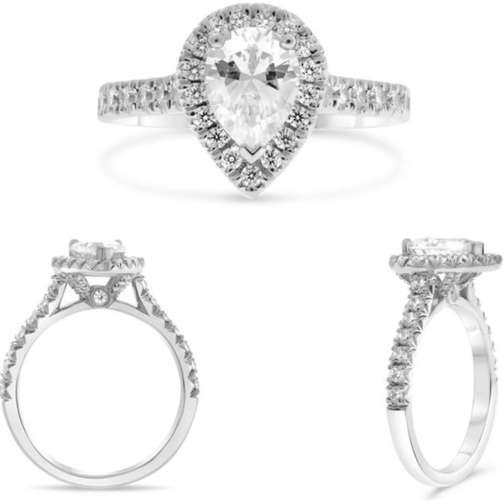 Roman & Jules - 14K White Gold Three Prong Halo Engagement Ring with Pear-Shaped Diamond and Round Diamonds - 1.05 Carat Total Diamond Weight