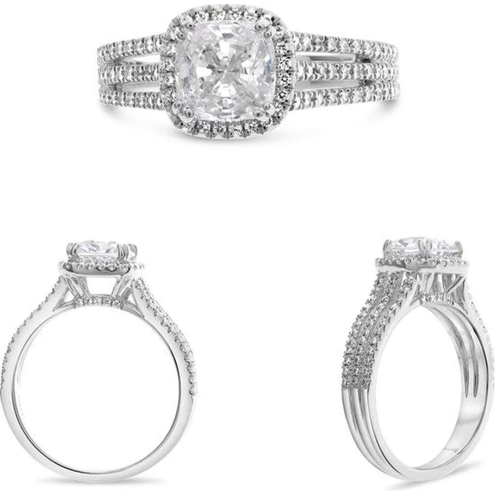 Roman & Jules - 14K White Gold Triple Pave Engagement Ring with Round Diamond Halo - 0.41 Carat Total Diamond Weight