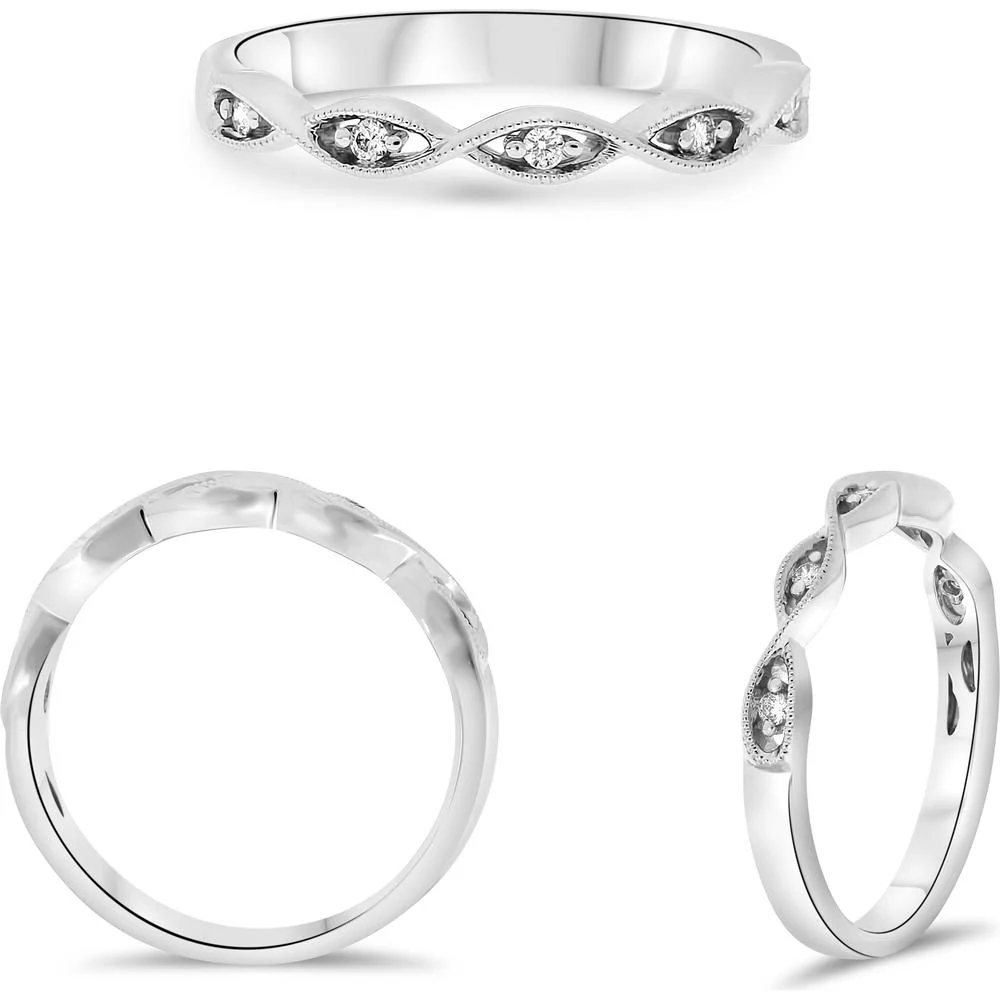 Roman & Jules - 14K White Gold Twist Band with Round Diamonds - 0.05 Carat Total Diamond Weight