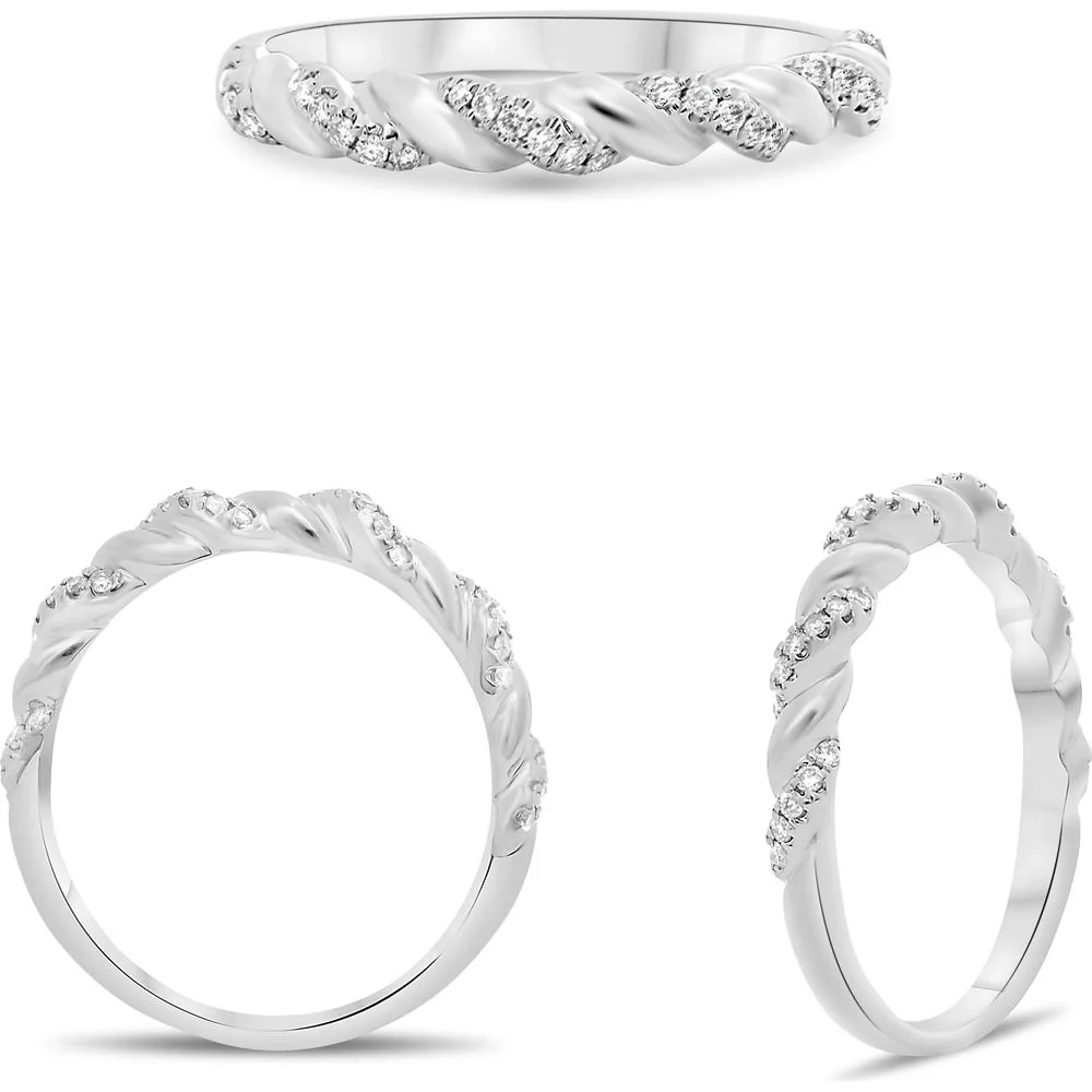 Roman & Jules - 14K White Gold Twisted Band with Round Diamonds - 0.14 Carat Total Diamond Weight