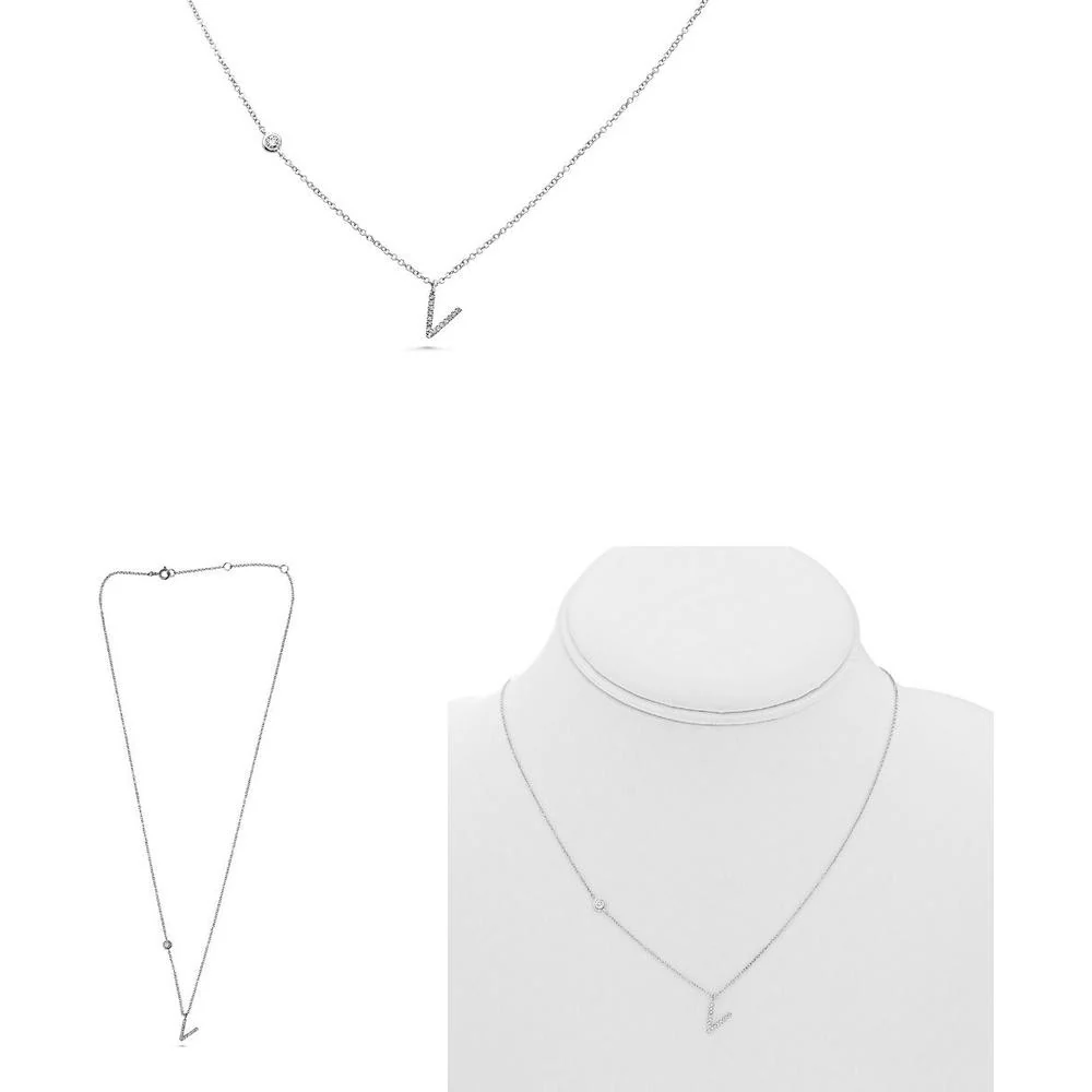 Roman & Jules - 14K White Gold "V" Initial Necklace with 0.09 Carat Round Diamond - Micropavé Setting