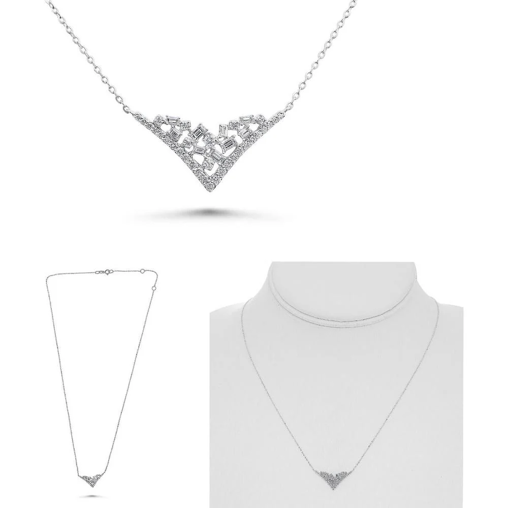 Roman & Jules - 14K White Gold V-Shaped Necklace with Baguette and Round Diamonds - 0.31 Carat Total Diamond Weight