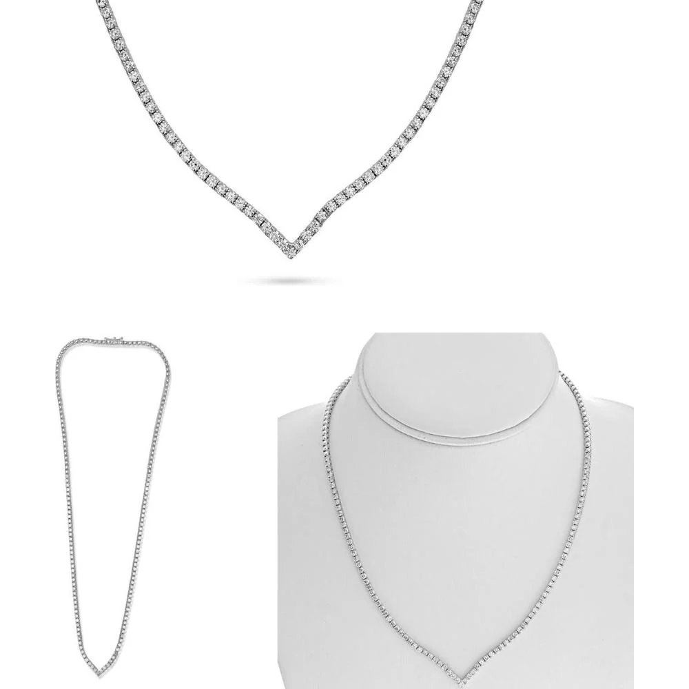 Roman & Jules - 14K White Gold V-Shaped Necklace with Prong-Set Round Diamonds - 4.50 Carat Total Diamond Weight