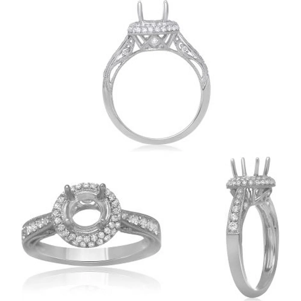 Roman & Jules - 14K White Gold Vintage-Inspired Engagement Setting with Round Diamond Halo - 0.47 Carat Total Diamond Weight