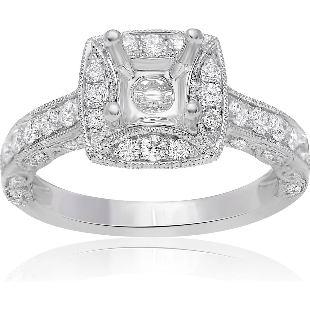 Roman & Jules - 14K White Gold Vintage Milgrain Engagement Ring with Round Brilliant Diamonds - 0.61 Carat Total Diamond Weight