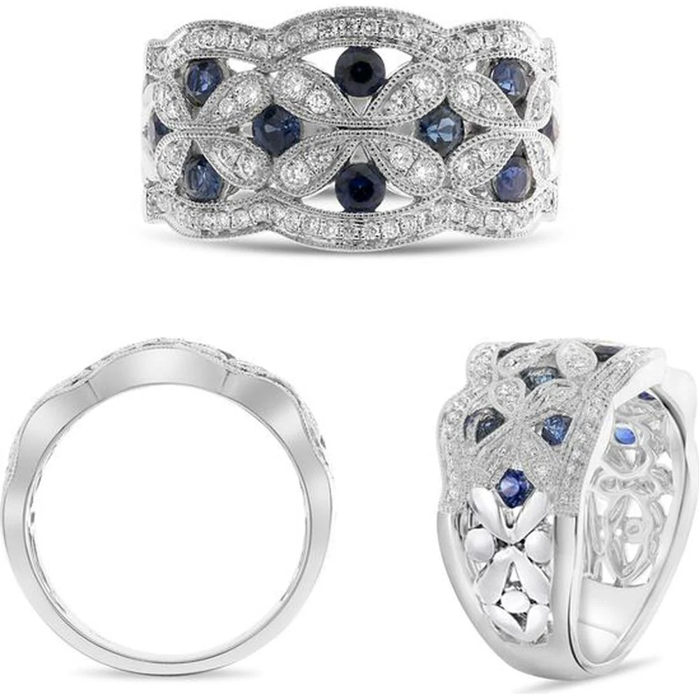 Roman & Jules - 14K White Gold Wide Band Mixed Shape Sapphire and Round Diamond Ring - 0.67 Carat Total Sapphire Weight, 0.41 Carat Total Diamond Weight