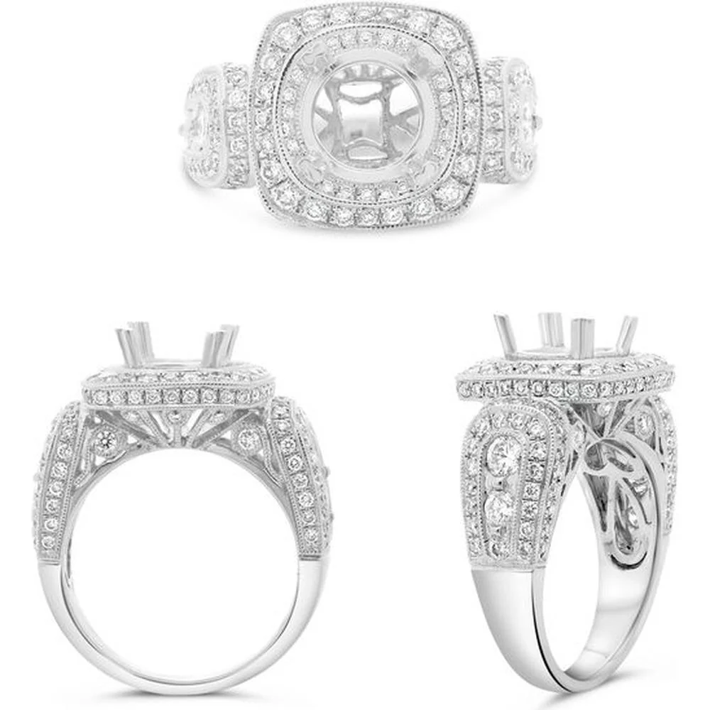 Roman & Jules - 14K White Gold Wide Shank Halo Engagement Ring with Round Diamond - 1.56 Carat Total Diamond Weight