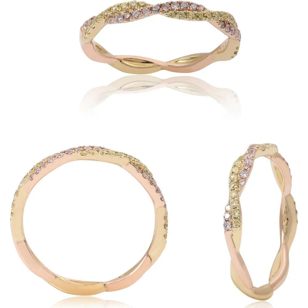 Roman & Jules - 14K Yellow and Rose Gold Criss Cross Diamond Ring with 0.14 Carat Yellow and 0.13 Carat Pink Diamonds