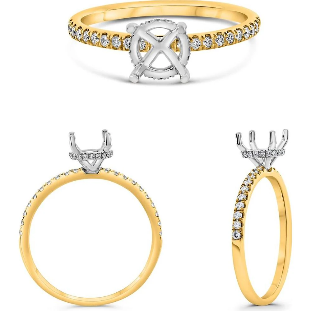 Roman & Jules - 14K Yellow and White Gold Round Diamond Ring with Hidden Full Halo and Micropavé Setting - 0.22 Carat Total Diamond Weight