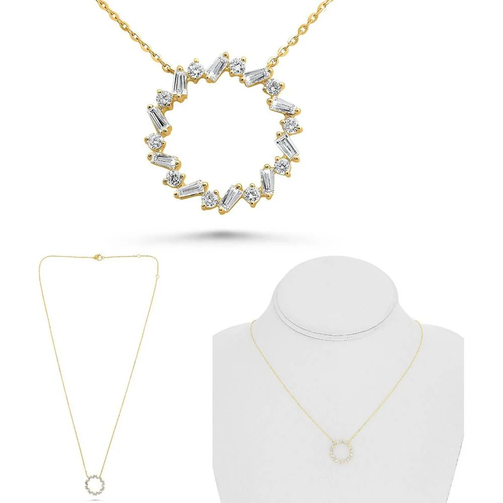 Roman & Jules - 14K Yellow Gold Baguette Diamond Circle Pendant Necklace with Round and Baguette Diamonds - 0.38 Carat Total Diamond Weight