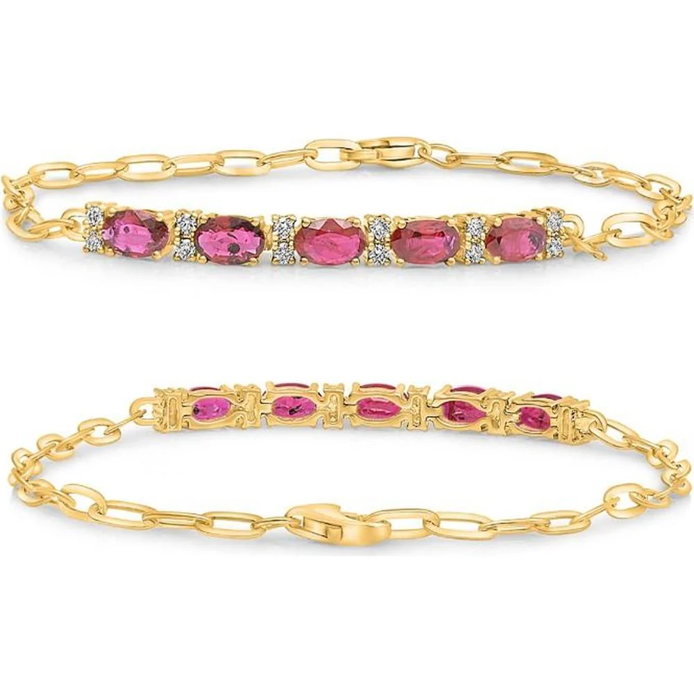 Roman & Jules - 14K Yellow Gold Bracelet with Oval Rubies and Round Diamond Accents - 1.46 Carat Total Ruby Weight