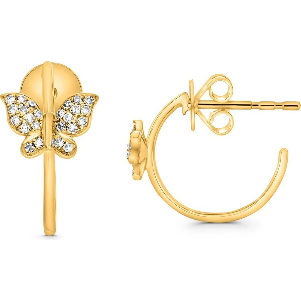 Roman & Jules - 14K Yellow Gold Butterfly Hoop Earrings with Round Diamonds - 0.09 Carat Total Diamond Weight