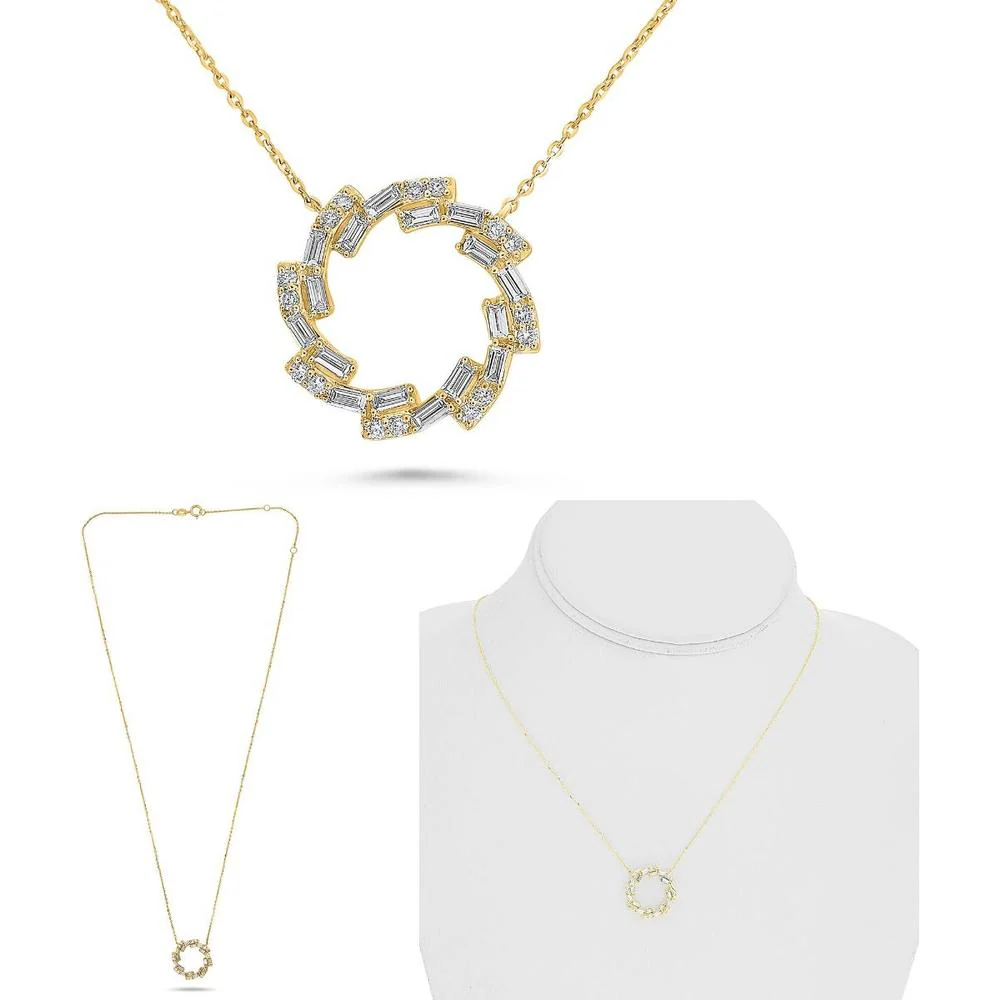 Roman & Jules - 14K Yellow Gold Circle Pendant Necklace with Round and Baguette Diamonds - 0.46 Carat Total Diamond Weight
