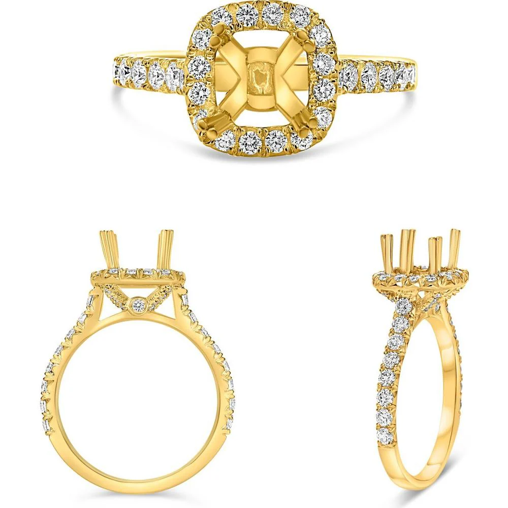 Roman & Jules - 14K Yellow Gold Cushion Cut Diamond Halo Ring - 0.72 Carat Total Diamond Weight