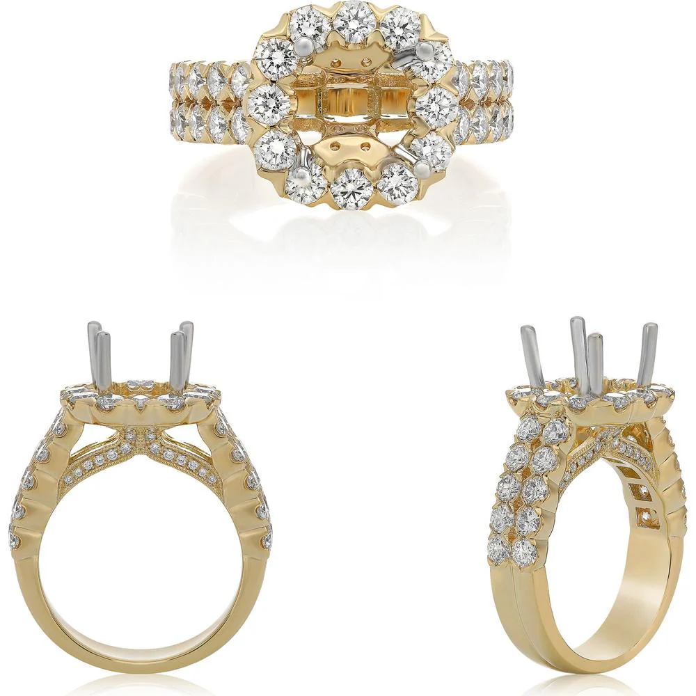 Roman & Jules - 14K Yellow Gold Cushion-Cut Diamond Halo Ring with Double-Row Round Diamonds - 2.03 Carat Total Diamond Weight