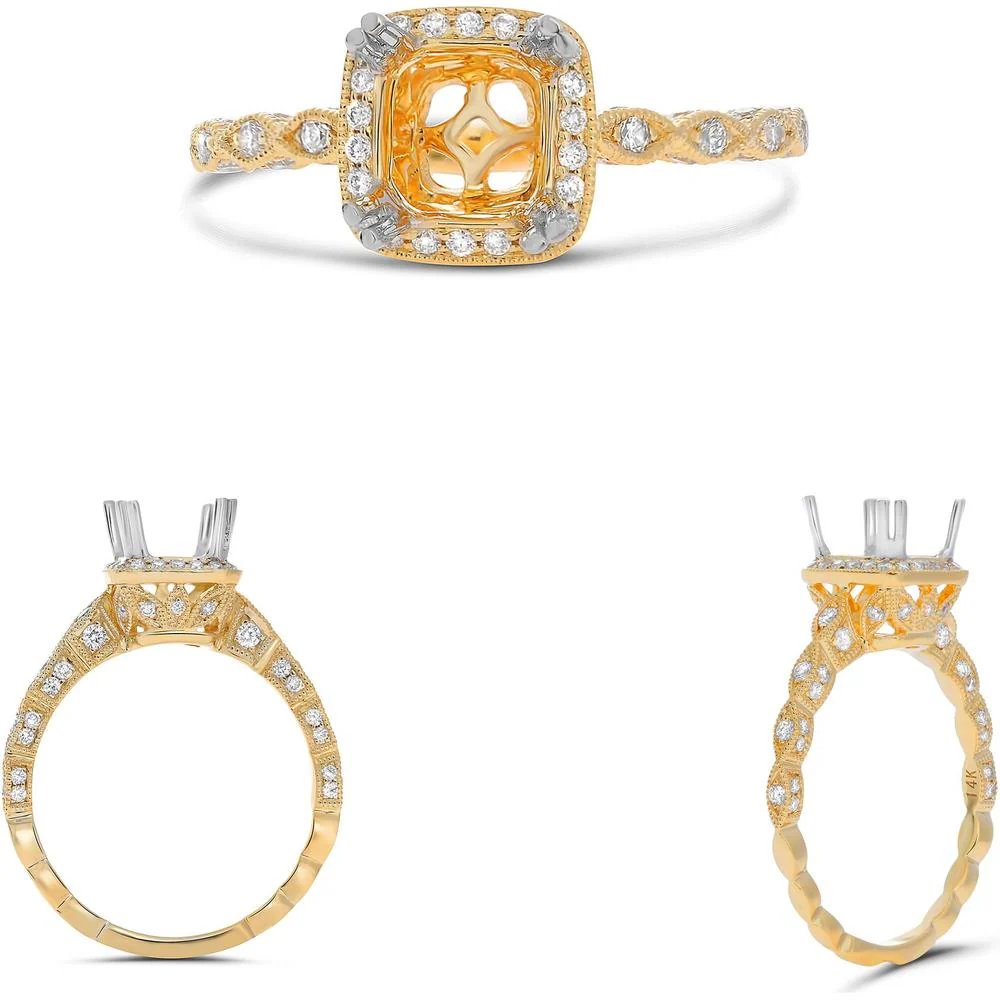 Roman & Jules - 14K Yellow Gold Cushion Cut Diamond Halo Ring with Round Diamonds - 0.37 Carat Total Diamond Weight