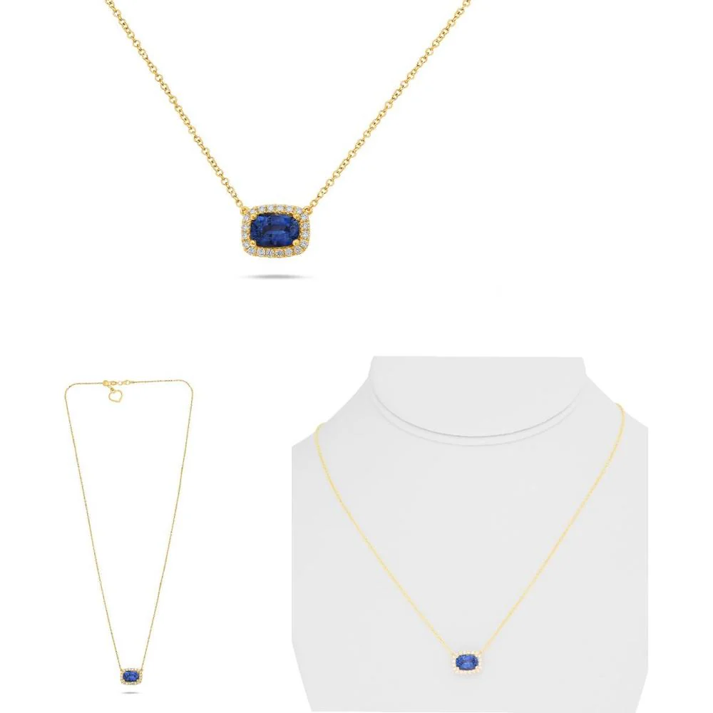 Roman & Jules - 14K Yellow Gold Cushion Cut Sapphire Necklace with Halo of Round Diamonds - 1.86 Carat Total Gem Weight