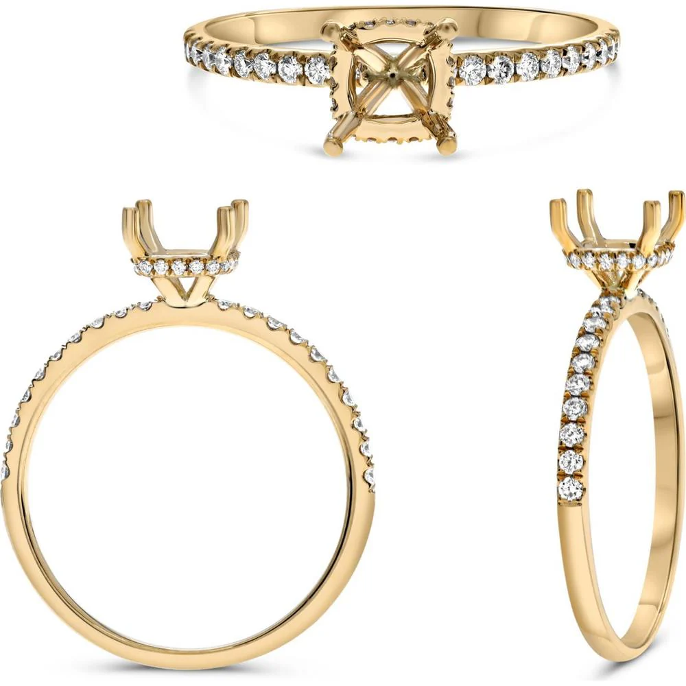 Roman & Jules - 14K Yellow Gold Cushion Diamond Engagement Ring with Hidden Full Halo and Micropavé Diamonds - 0.21 Carat Total Diamond Weight