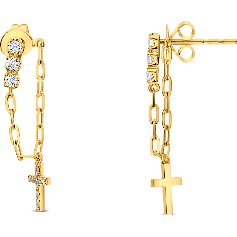 Roman & Jules - 14K Yellow Gold Dangle Cross Earrings with Round Diamonds - 0.20 Carat Total Diamond Weight