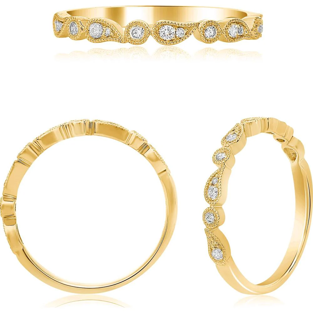 Roman & Jules - 14K Yellow Gold Diamond Band with Milgrain Detail - 0.13 Carat Total Diamond Weight