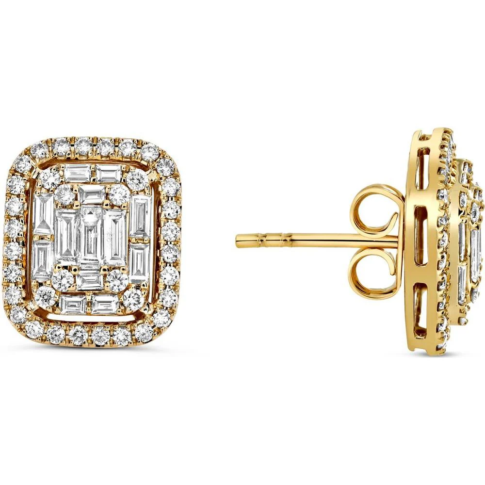 Roman & Jules - 14K Yellow Gold Diamond Cluster Stud Earrings with Baguette and Round Diamonds - 1.48 Carat Total Diamond Weight