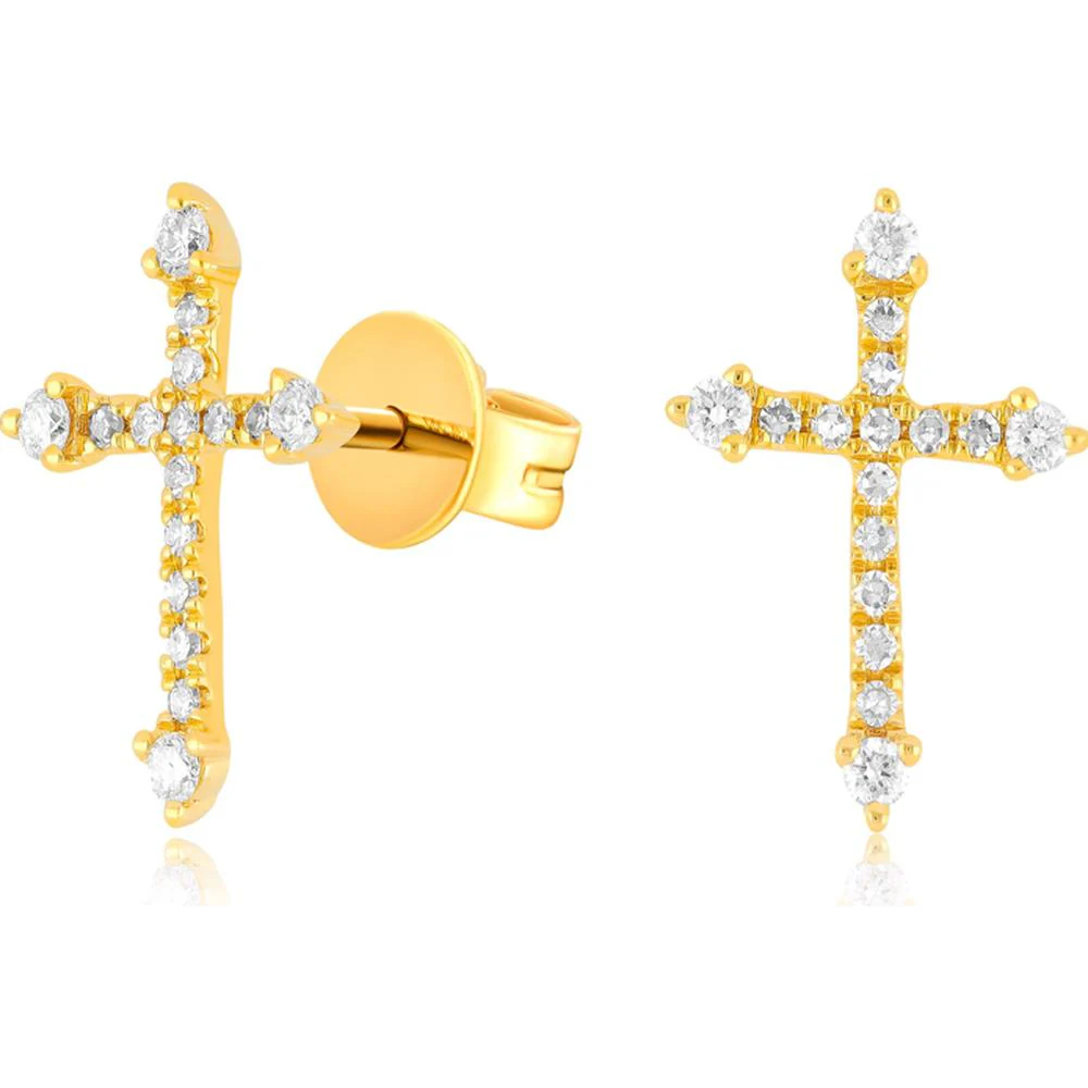 Roman & Jules - 14K Yellow Gold Diamond Cross Stud Earrings with Round Diamonds - 0.17 Carat Total Diamond Weight