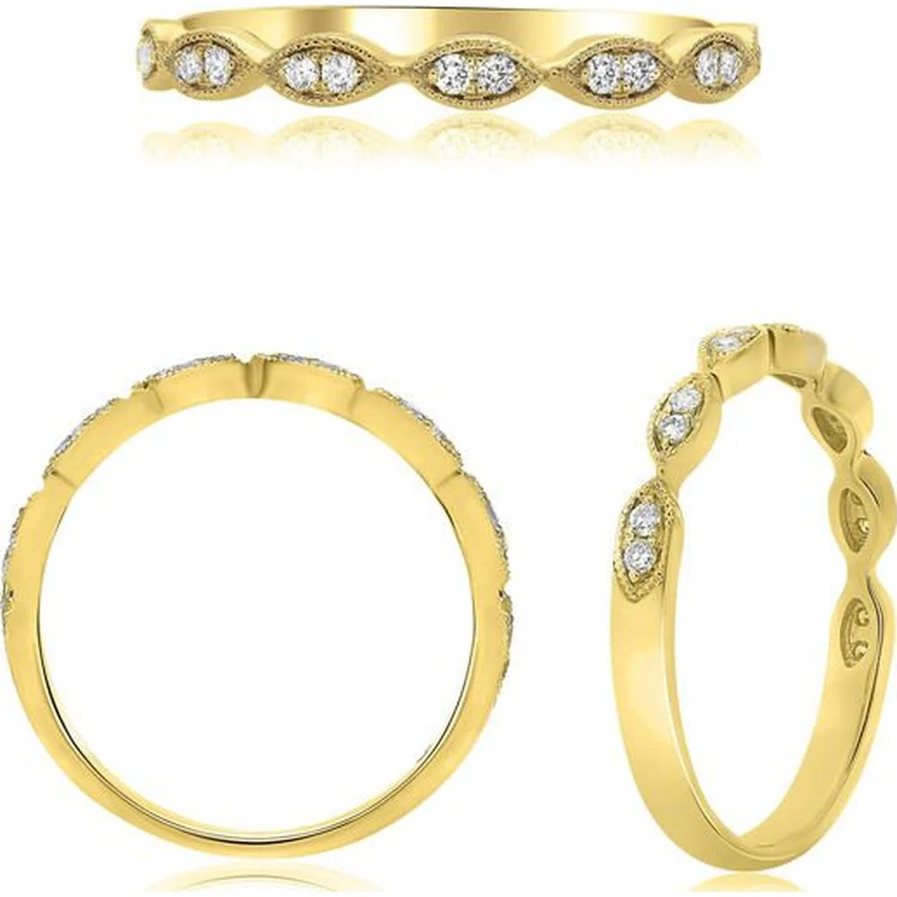 Roman & Jules - 14K Yellow Gold Diamond Ring with Pave Set Round Diamonds and Milgrain Detailing - 0.11 Carat Total Diamond Weight