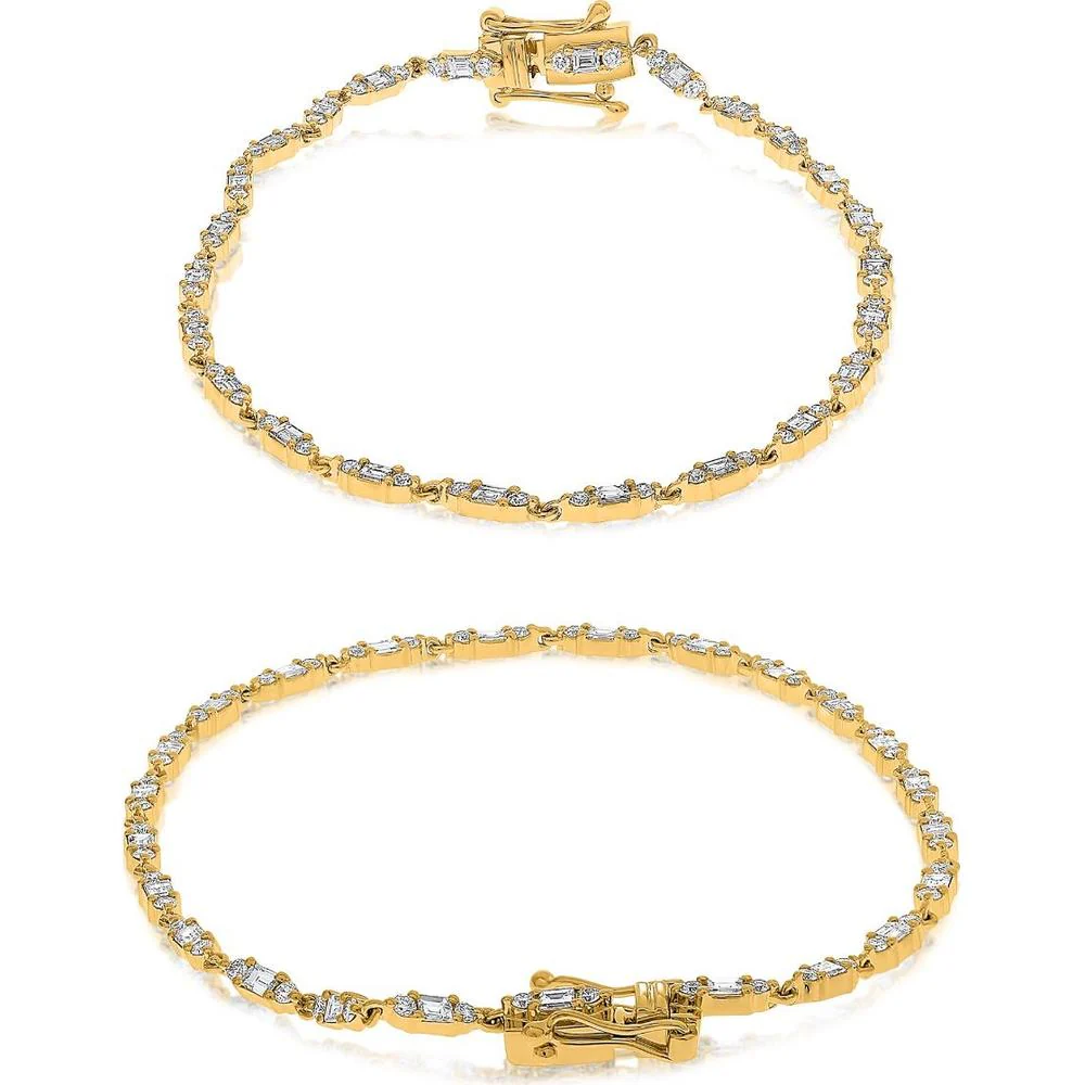 Roman & Jules - 14K Yellow Gold Diamond Tennis Bracelet with Round and Baguette Diamonds - 1.32 Carat Total Diamond Weight