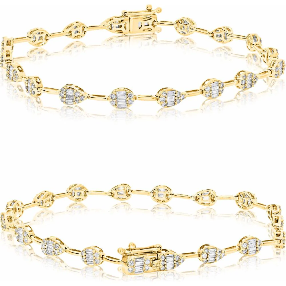 Roman & Jules - 14K Yellow Gold Diamond Tennis Bracelet with Round and Baguette Diamonds - 1.70 Carat Total Diamond Weight