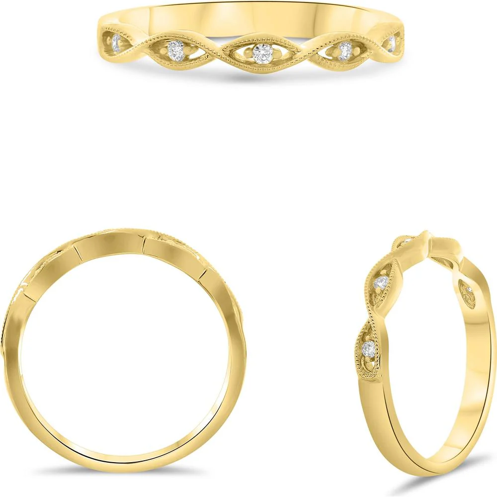 Roman & Jules - 14K Yellow Gold Diamond Wave Band Ring with Round Diamonds - 0.05 Carat Total Diamond Weight