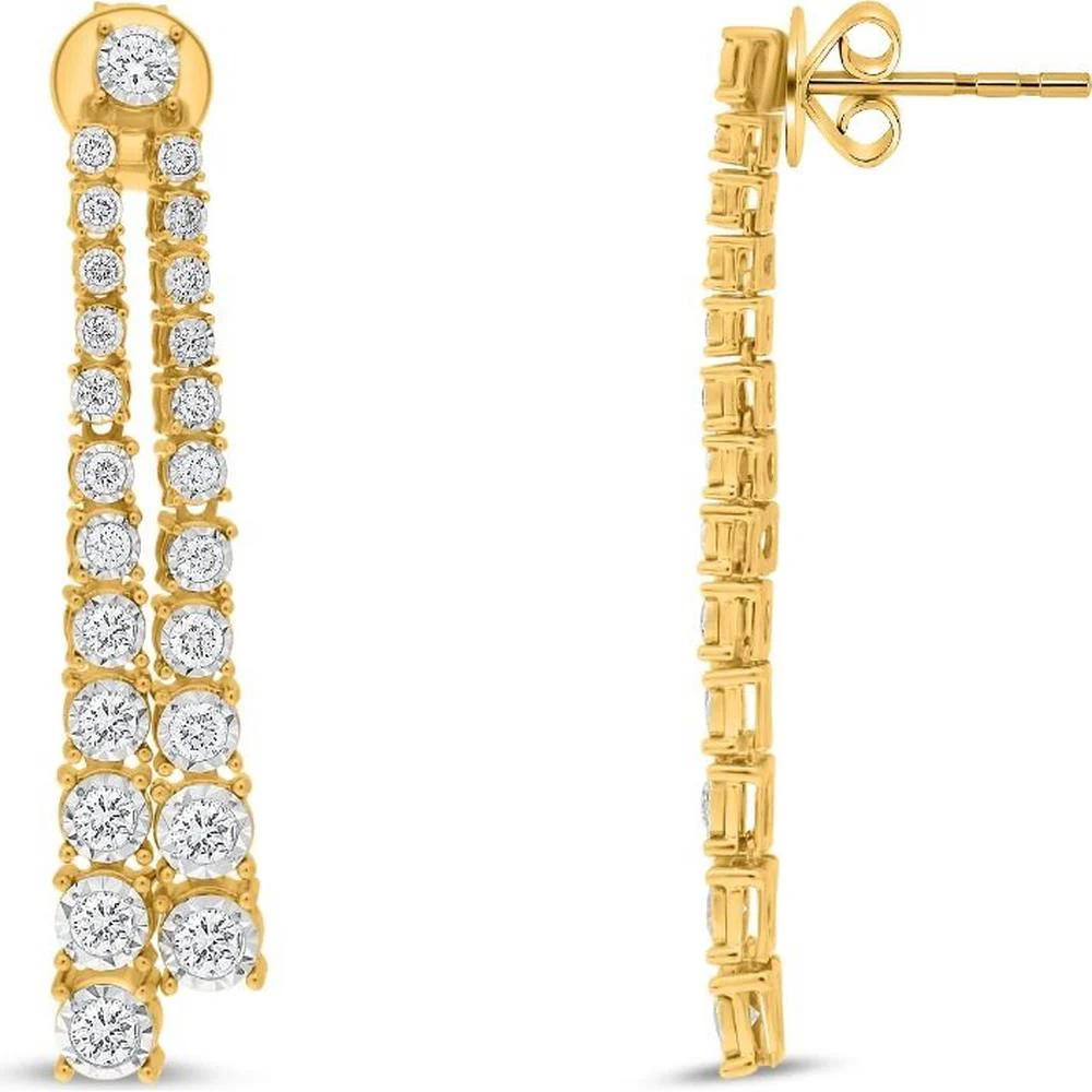 Roman & Jules - 14K Yellow Gold Double Ascending Diamond Earrings with Round White Diamonds - 1.00 Carat Total Diamond Weight