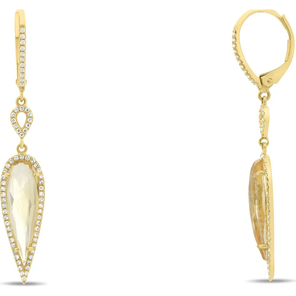 Roman & Jules - 14K Yellow Gold Drop Earrings with Halo-Set Round Diamonds and Pear-Shaped Citrine - 3.50 Carat Total Gem Weight