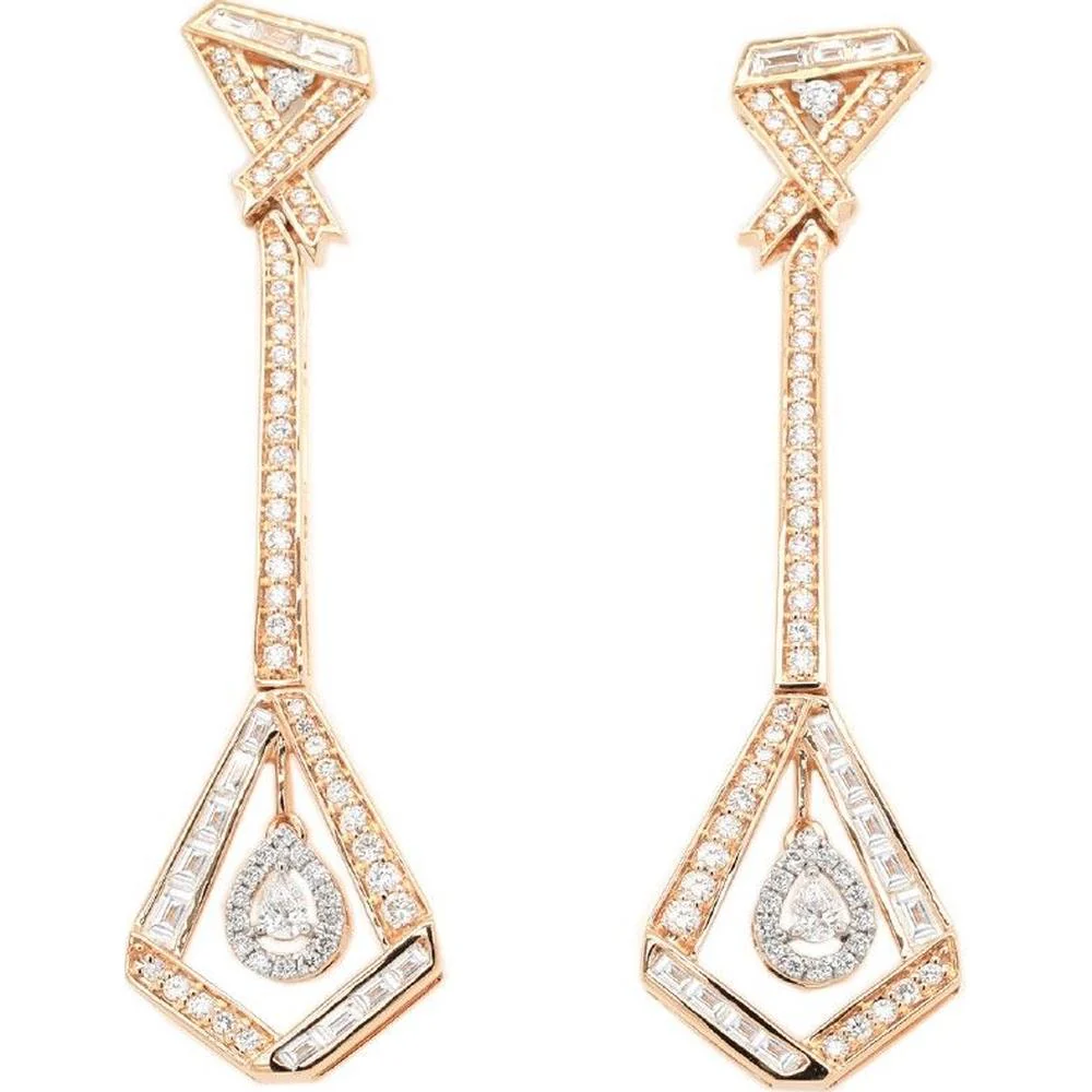 Roman & Jules - 14K Yellow Gold Drop Earrings with Pear Shape and Baguette Diamonds - 1.04 Carat Total Diamond Weight