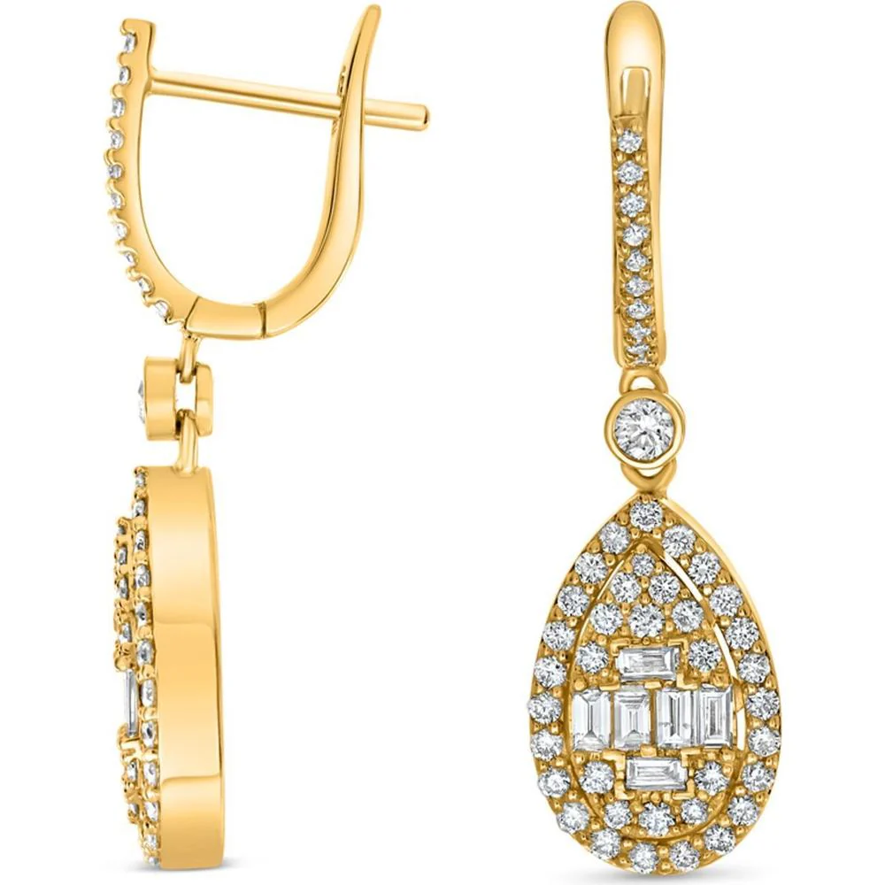 Roman & Jules - 14K Yellow Gold Drop Earrings with Round and Baguette Diamonds - 1.06 Carat Total Diamond Weight