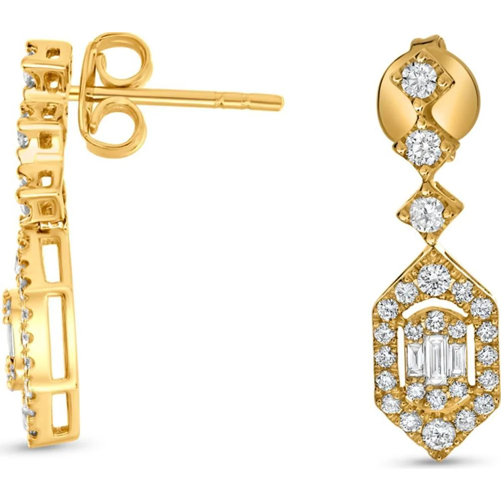 Roman & Jules - 14K Yellow Gold Drop Earrings with Round and Baguette Diamonds - 1.24 Carat Total Diamond Weight