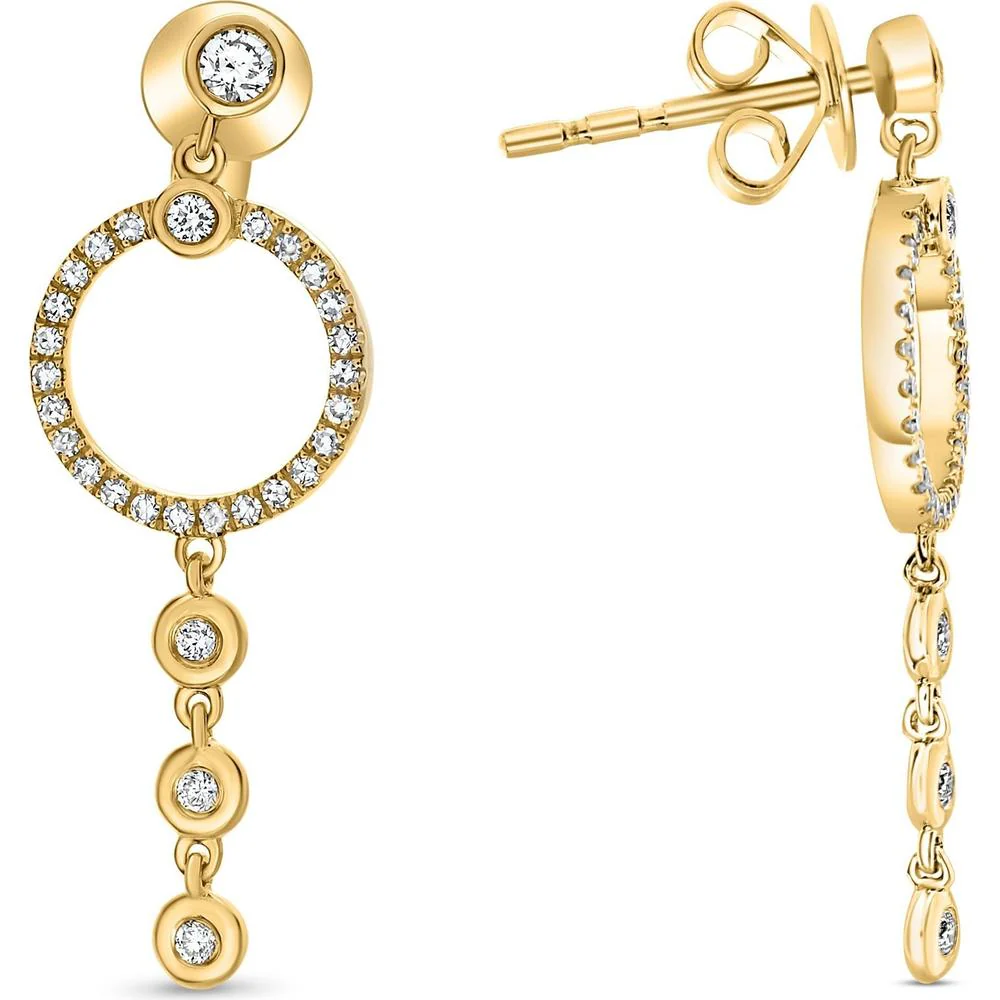 Roman & Jules - 14K Yellow Gold Drop Earrings with Round Bezel Set Diamonds - 0.30 Carat Total Diamond Weight