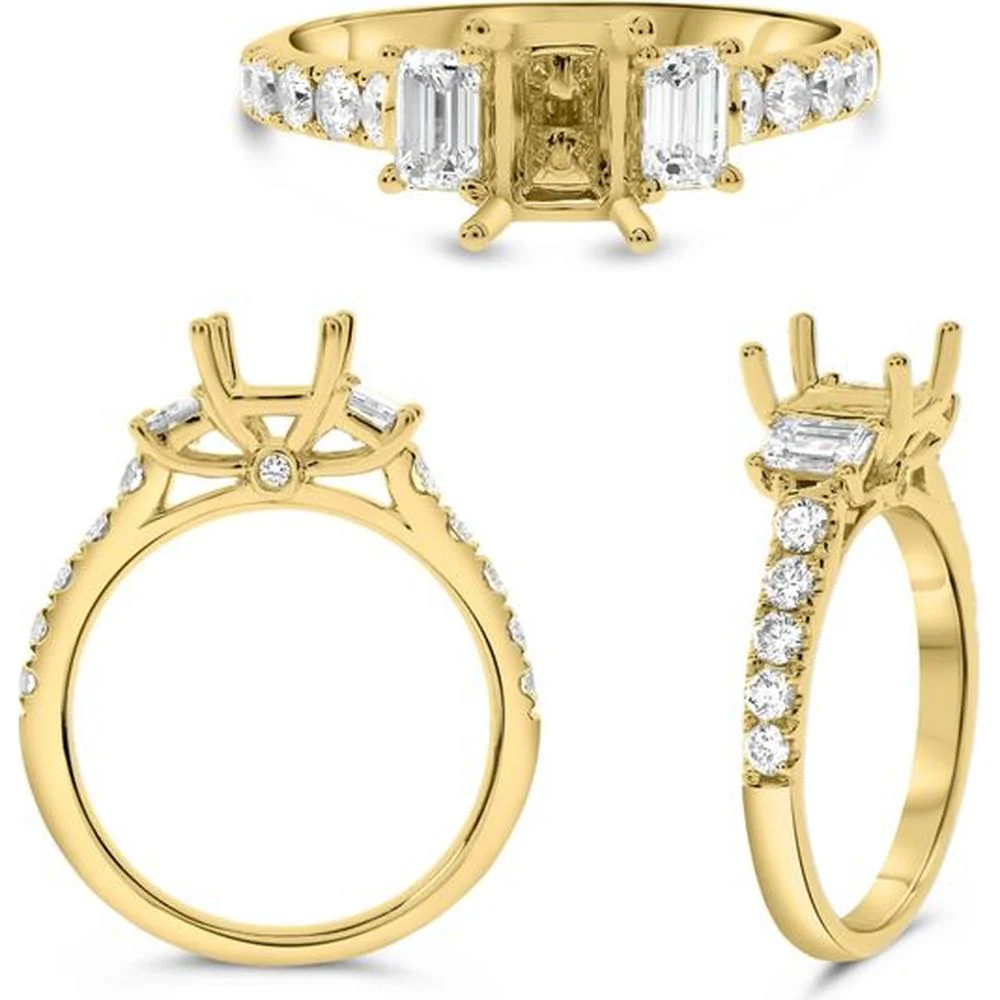 Roman & Jules - 14K Yellow Gold Emerald Cut Diamond Ring with Round Diamonds - 0.80 Carat Total Diamond Weight